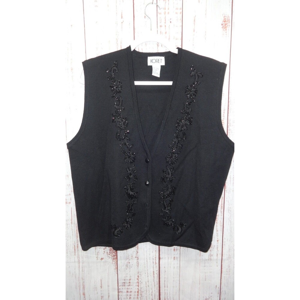 VTG Koret Women’s L Black Knit Sweater Vest Wool Blend Embroidery Beaded Granny